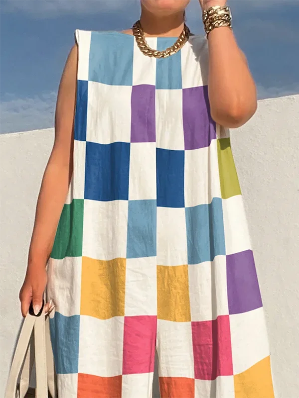 UOOZEE Women Multicolour Plaid Wide Leg Jumpsuits 2025 New Summer Sleeveless Oversize Loose Casual Jump Suits Streetwear