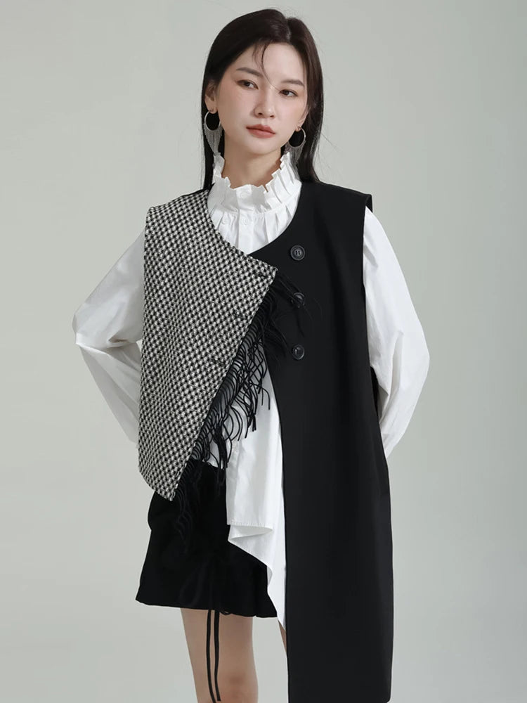 Black Irregular Plaid Tassels Loose Fit Vest