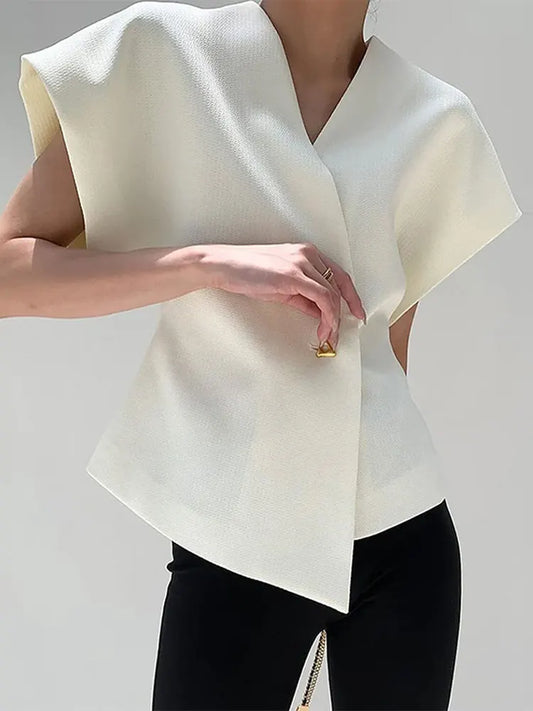 Solid Button Lapel Short Tops