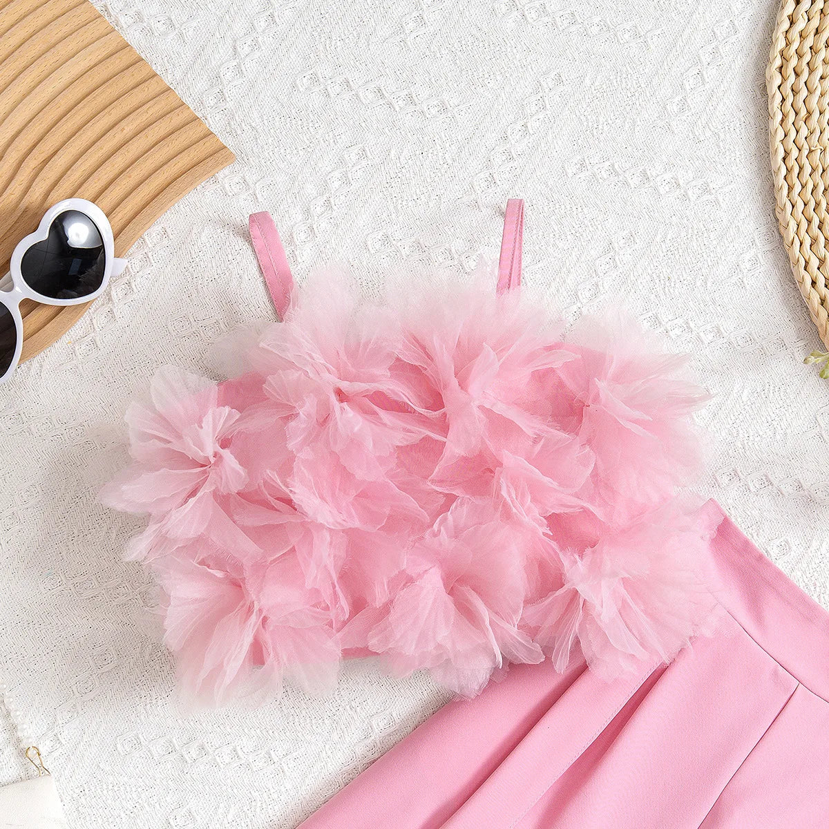 Prowow Children Clothing Summer Girl's Pink Outfit Sets Lace Mesh Flower Vest and Long Pants Kids Clothes Girl's Elegant Sets