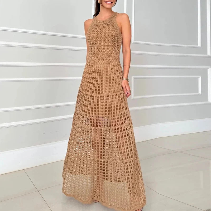 Casual 2025 Summer Solid Color Holiday Dresses Fashion O-neck Hollow Knitted Long Dress Sexy Sleeveless High Waist Beach Dress