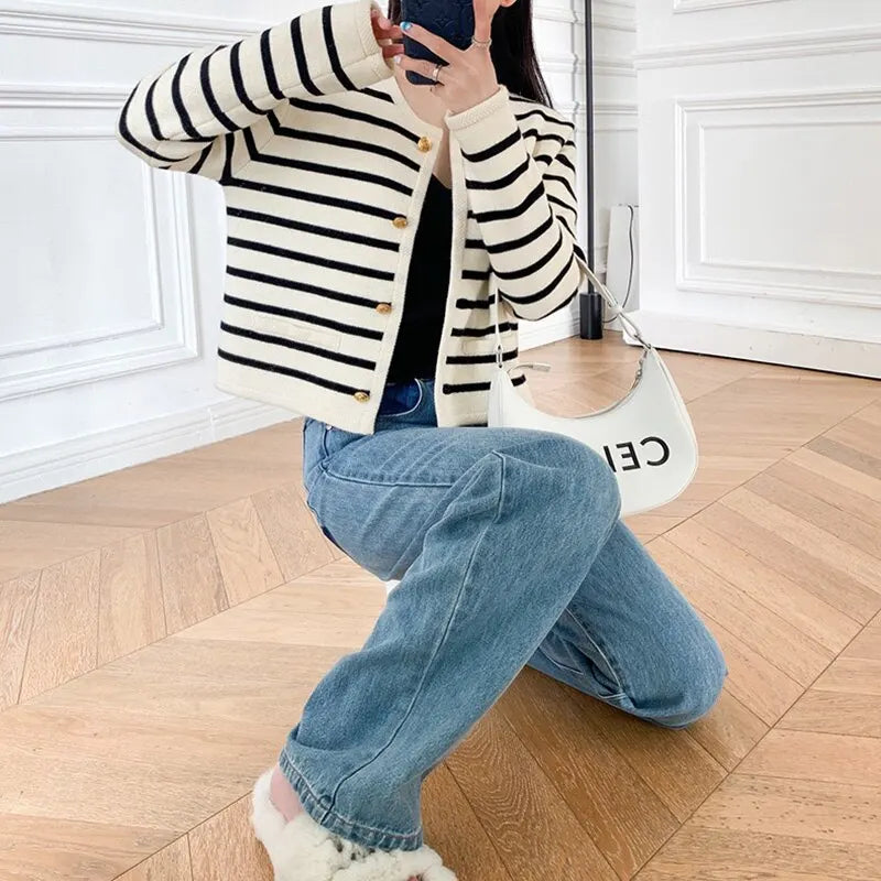 White Black Striped Short Knit Cardigan