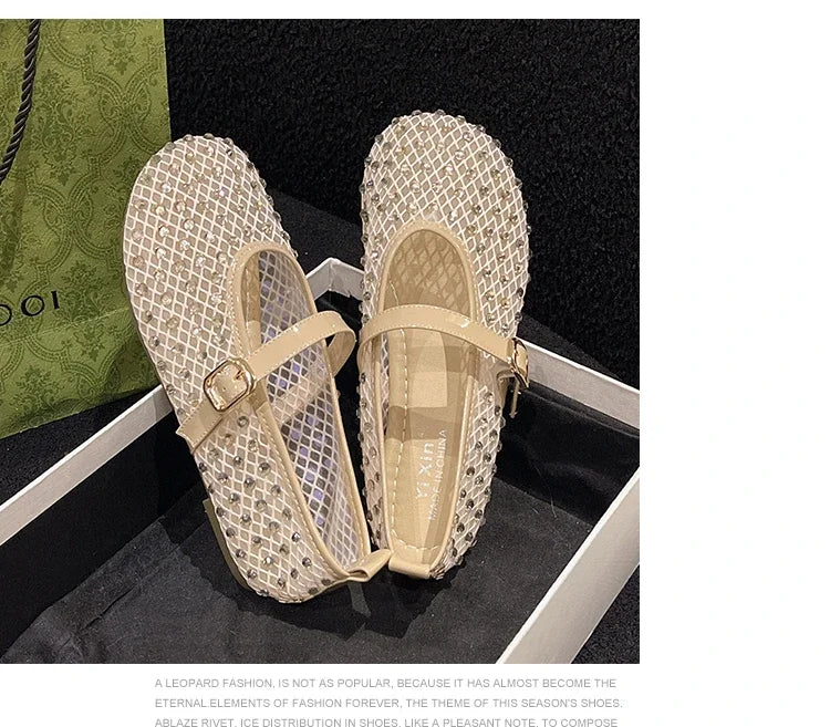 Women's Flat Shoes Grid Rhinestones Soft Sole Light Shoes for Women Daily Commute Dress Breathable in Summer Zapatillas De Mujer