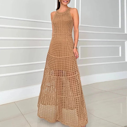 Casual 2025 Summer Solid Color Holiday Dresses Fashion O-neck Hollow Knitted Long Dress Sexy Sleeveless High Waist Beach Dress
