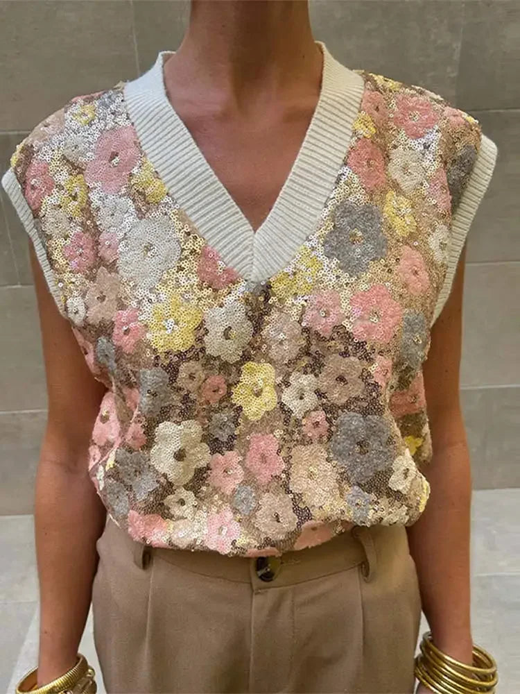 Flower Sequins Knitted Sweater Vest