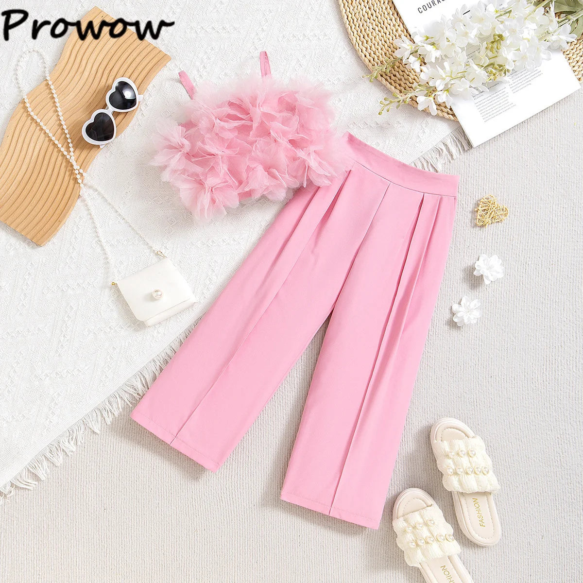 Prowow Children Clothing Summer Girl's Pink Outfit Sets Lace Mesh Flower Vest and Long Pants Kids Clothes Girl's Elegant Sets