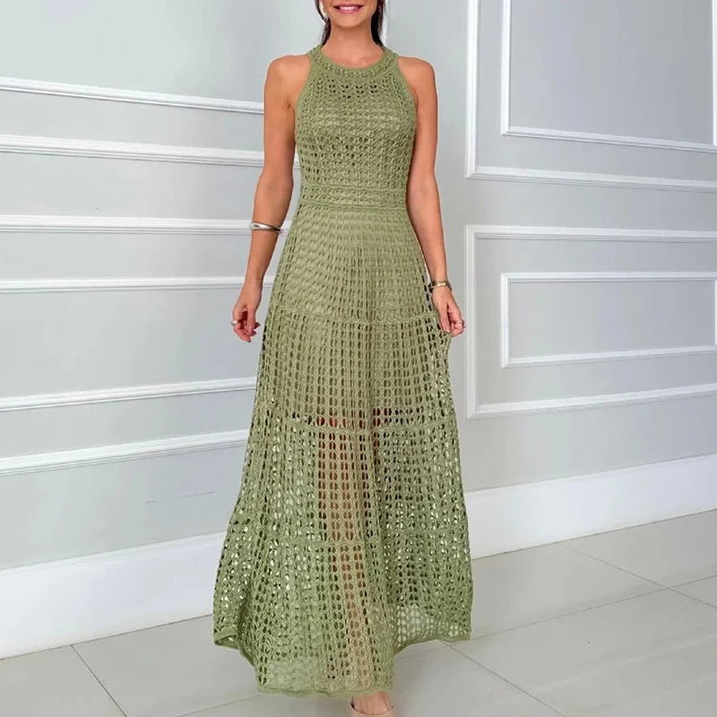 Casual 2025 Summer Solid Color Holiday Dresses Fashion O-neck Hollow Knitted Long Dress Sexy Sleeveless High Waist Beach Dress
