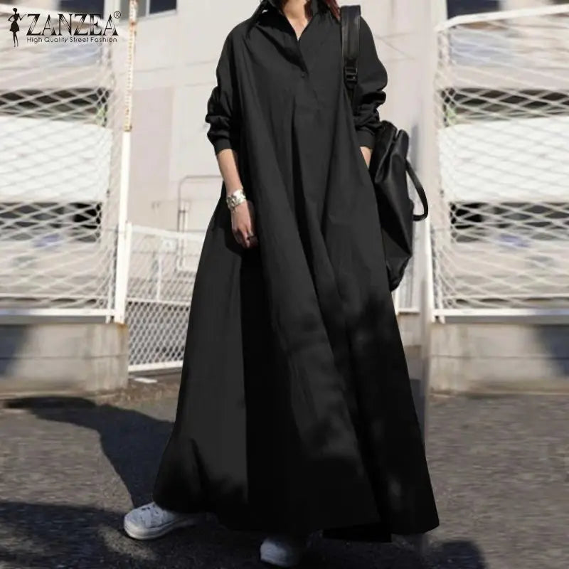 ZANZEA Women's Dress Autumn Long Sleeve Shirt Dress Loose Oversized Maxi Kaftan Woman Lapel Solid Half-Button A-line Sundress
