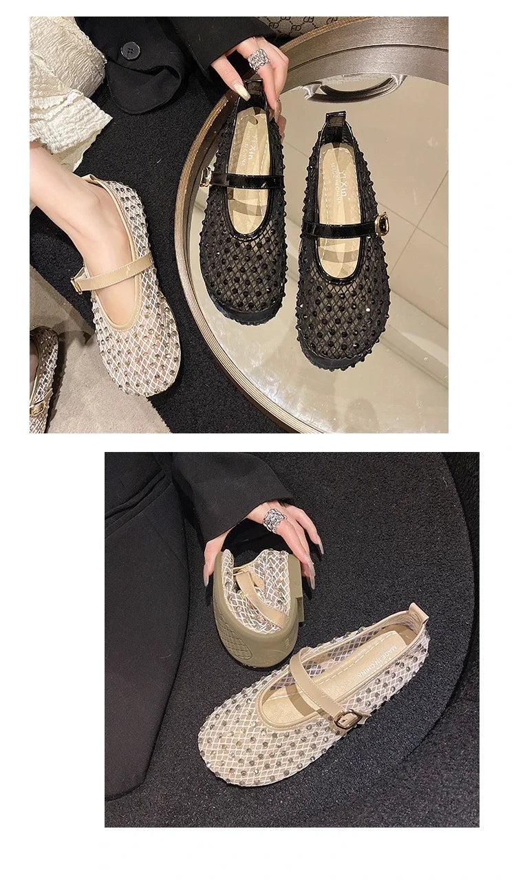 Women's Flat Shoes Grid Rhinestones Soft Sole Light Shoes for Women Daily Commute Dress Breathable in Summer Zapatillas De Mujer