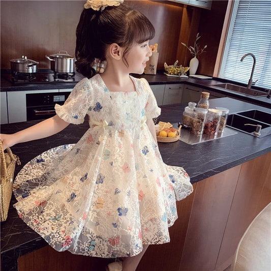 Dress Bubble Sleeve Lace Butterfly Print
