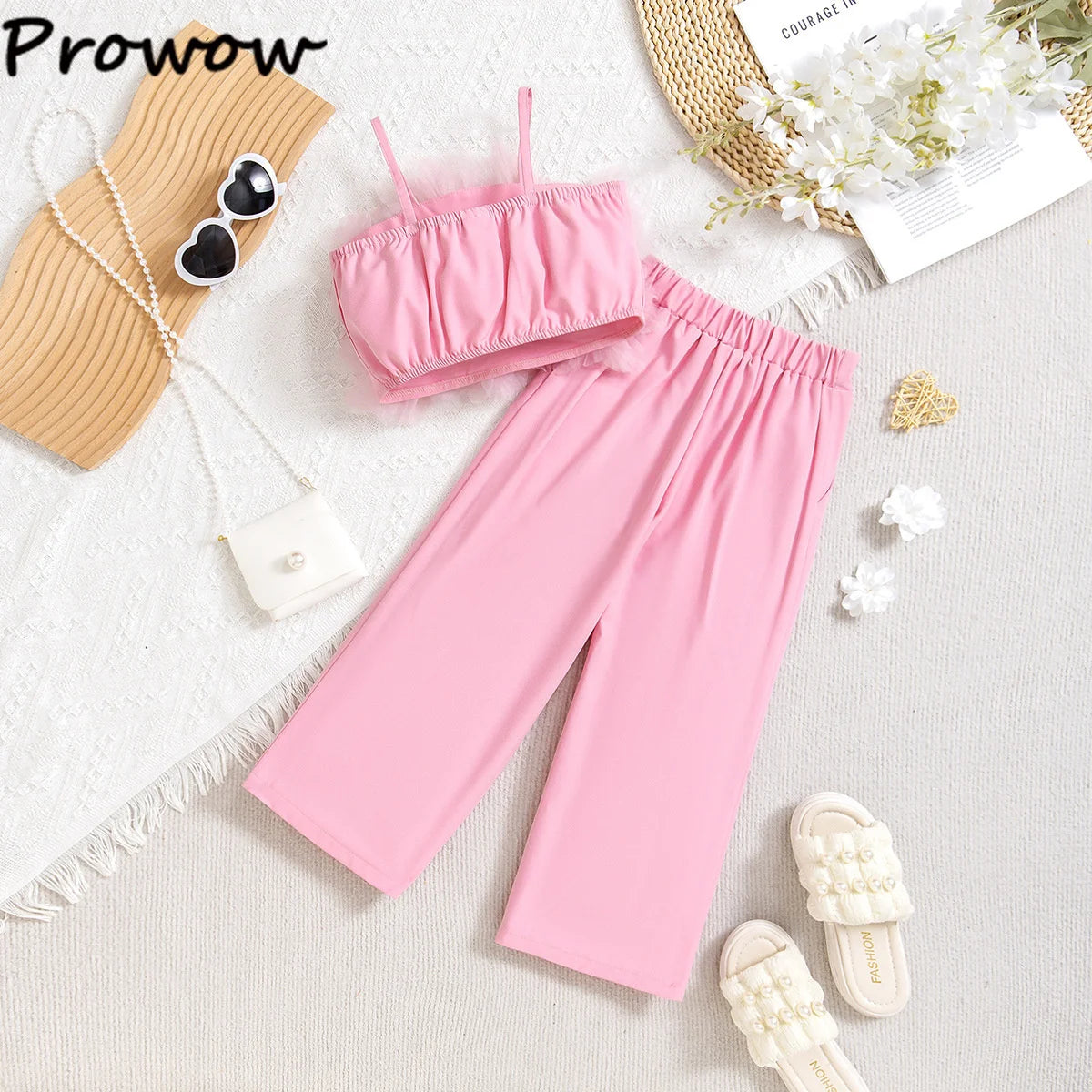Prowow Children Clothing Summer Girl's Pink Outfit Sets Lace Mesh Flower Vest and Long Pants Kids Clothes Girl's Elegant Sets
