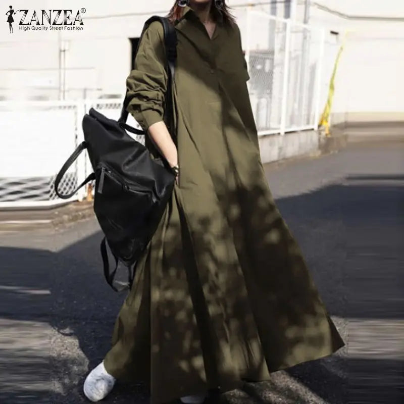 ZANZEA Women's Dress Autumn Long Sleeve Shirt Dress Loose Oversized Maxi Kaftan Woman Lapel Solid Half-Button A-line Sundress