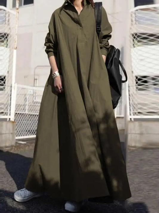 ZANZEA Women's Dress Autumn Long Sleeve Shirt Dress Loose Oversized Maxi Kaftan Woman Lapel Solid Half-Button A-line Sundress