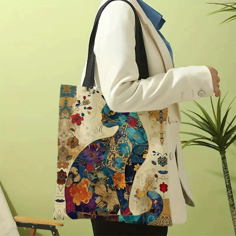 Ethnic Flower Cat Pattern Tote Bag