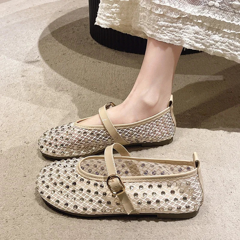 Women's Flat Shoes Grid Rhinestones Soft Sole Light Shoes for Women Daily Commute Dress Breathable in Summer Zapatillas De Mujer