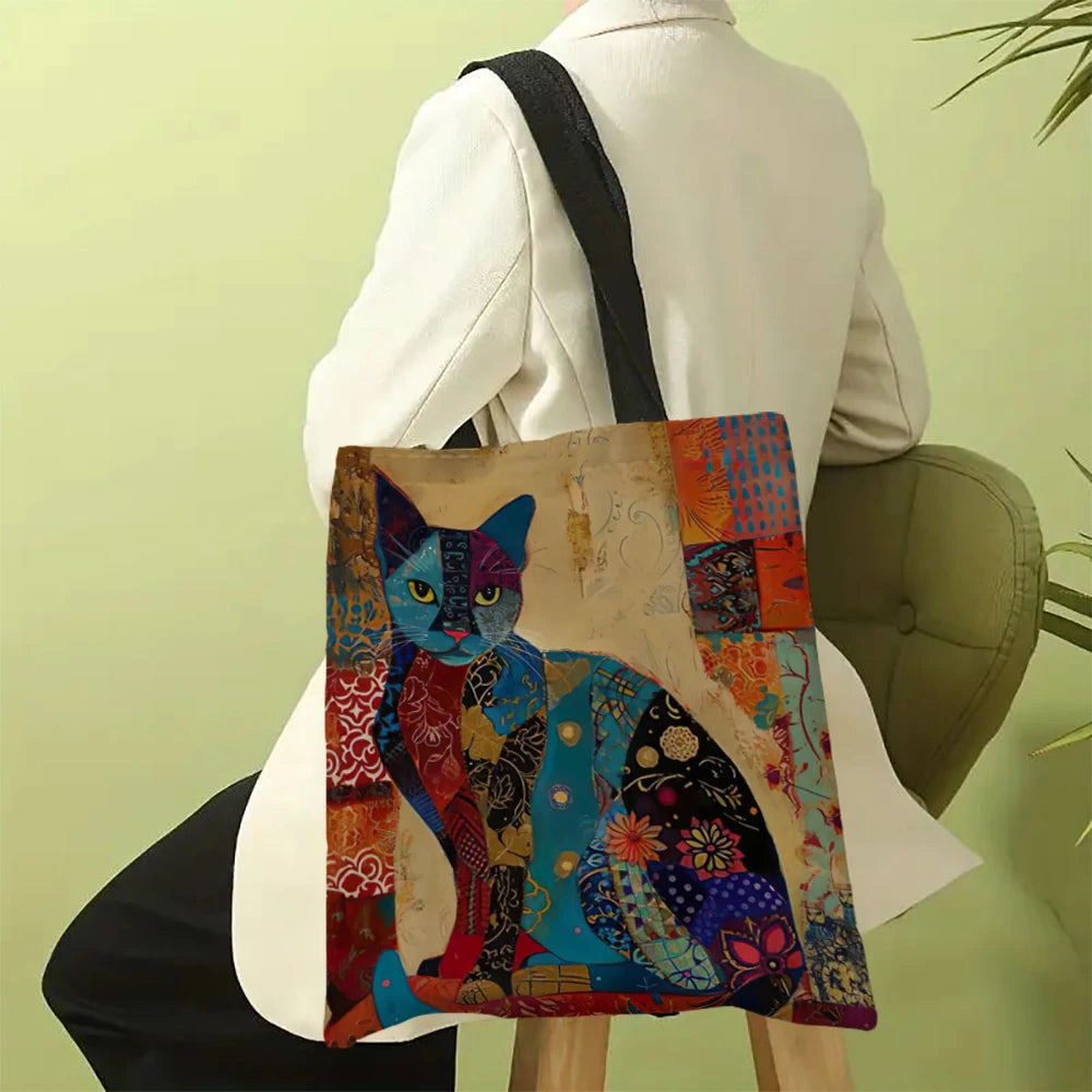 Ethnic Flower Cat Pattern Tote Bag