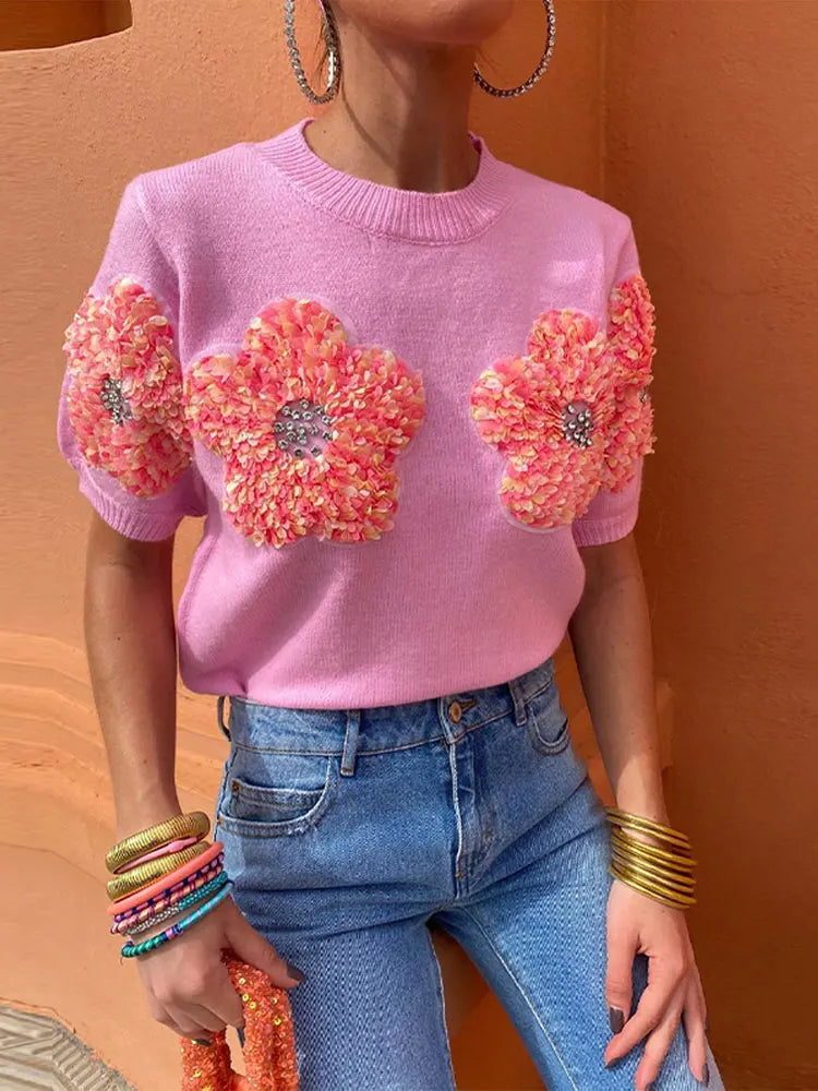 Women 3D Flower Knitted Sweater