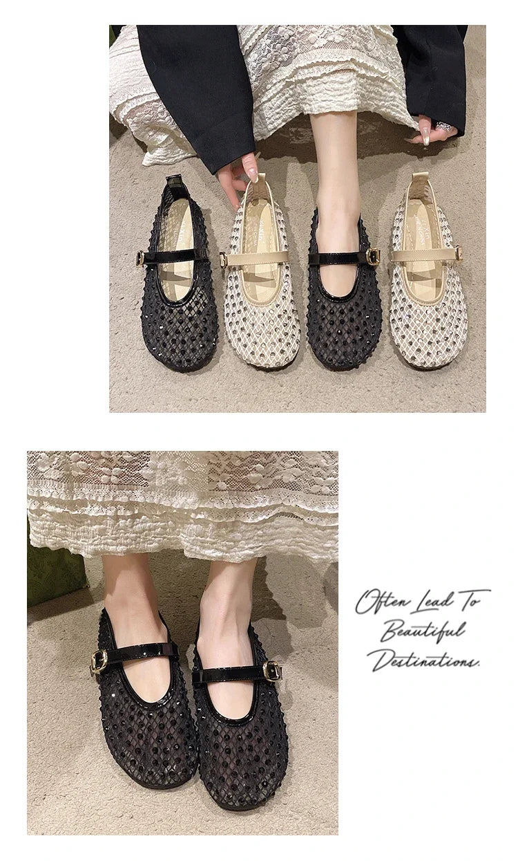Women's Flat Shoes Grid Rhinestones Soft Sole Light Shoes for Women Daily Commute Dress Breathable in Summer Zapatillas De Mujer