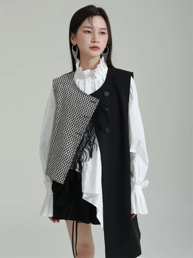 Black Irregular Plaid Tassels Loose Fit Vest