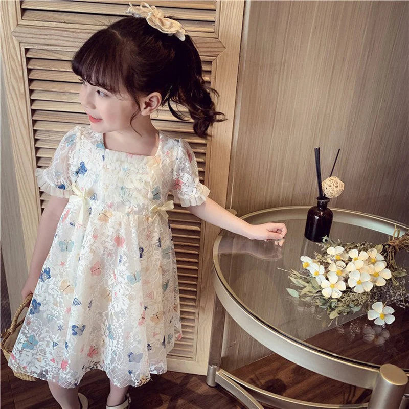 Dress Bubble Sleeve Lace Butterfly Print