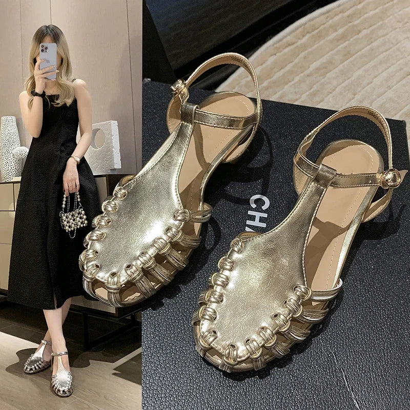 Women Weave Sandals Mid Heels