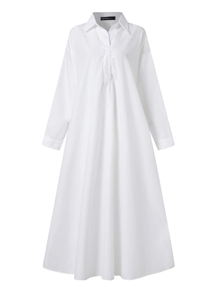 ZANZEA Women's Dress Autumn Long Sleeve Shirt Dress Loose Oversized Maxi Kaftan Woman Lapel Solid Half-Button A-line Sundress