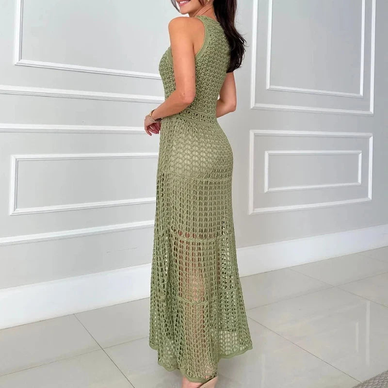 Casual 2025 Summer Solid Color Holiday Dresses Fashion O-neck Hollow Knitted Long Dress Sexy Sleeveless High Waist Beach Dress