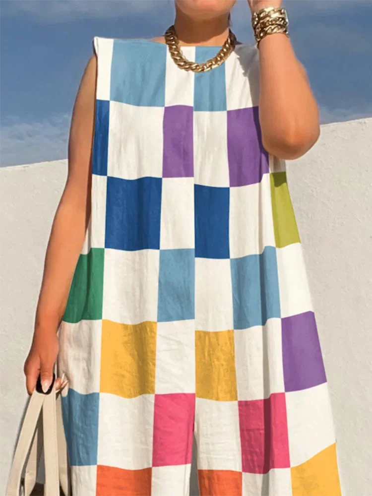 UOOZEE Women Multicolour Plaid Wide Leg Jumpsuits 2025 New Summer Sleeveless Oversize Loose Casual Jump Suits Streetwear