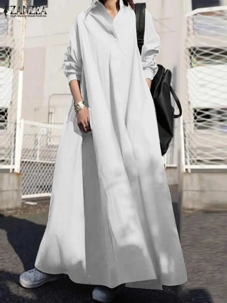 ZANZEA Women's Dress Autumn Long Sleeve Shirt Dress Loose Oversized Maxi Kaftan Woman Lapel Solid Half-Button A-line Sundress
