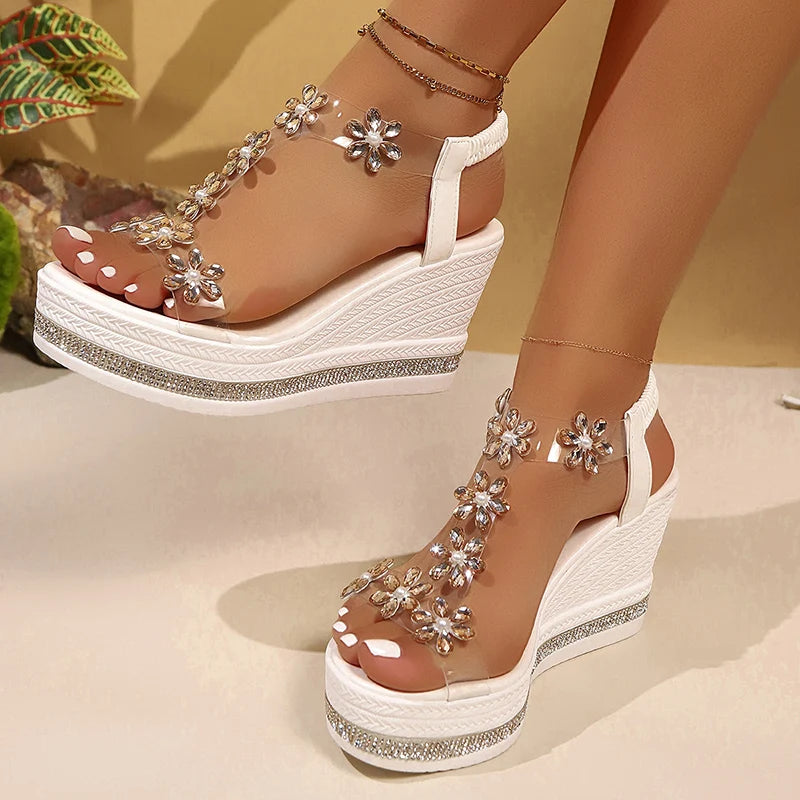 Chunky Platform Crystal Floral Sandals
