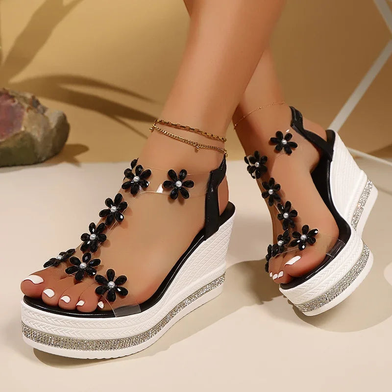 Chunky Platform Crystal Floral Sandals