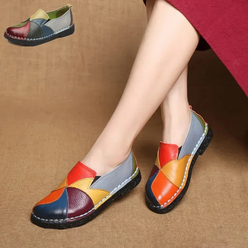 Mixed Color Women Loafers Retro