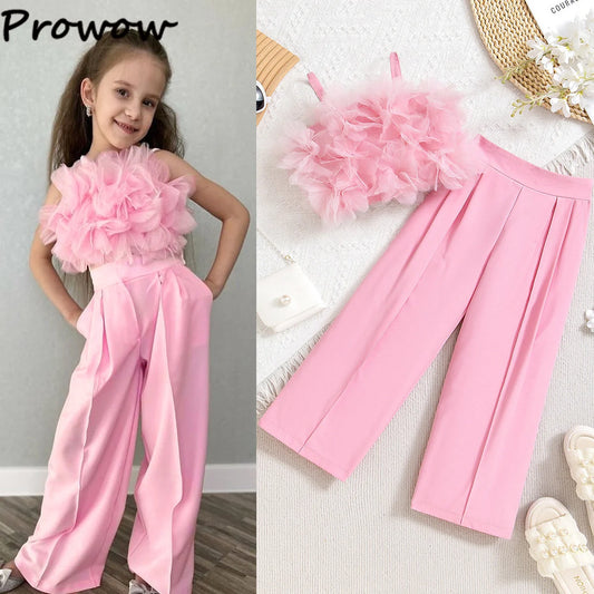 Prowow Children Clothing Summer Girl's Pink Outfit Sets Lace Mesh Flower Vest and Long Pants Kids Clothes Girl's Elegant Sets