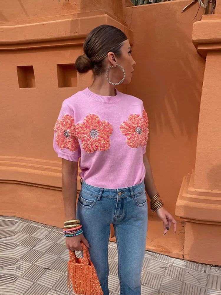 Women 3D Flower Knitted Sweater