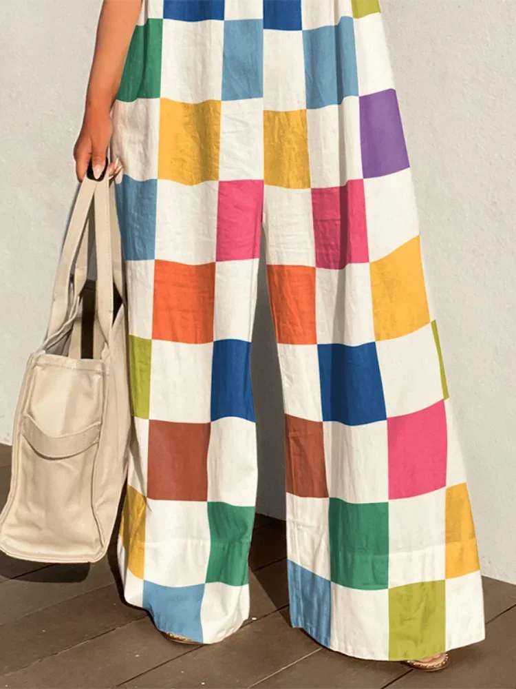 UOOZEE Women Multicolour Plaid Wide Leg Jumpsuits 2025 New Summer Sleeveless Oversize Loose Casual Jump Suits Streetwear