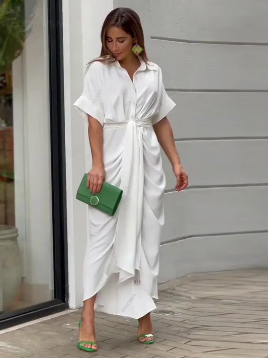 Bohemian White Turn-down Collar Solid Dress Long Kaftan Tunic Women Clothes 2025 Spring/Autumn Beach Wear Maxi Vestidos A1946