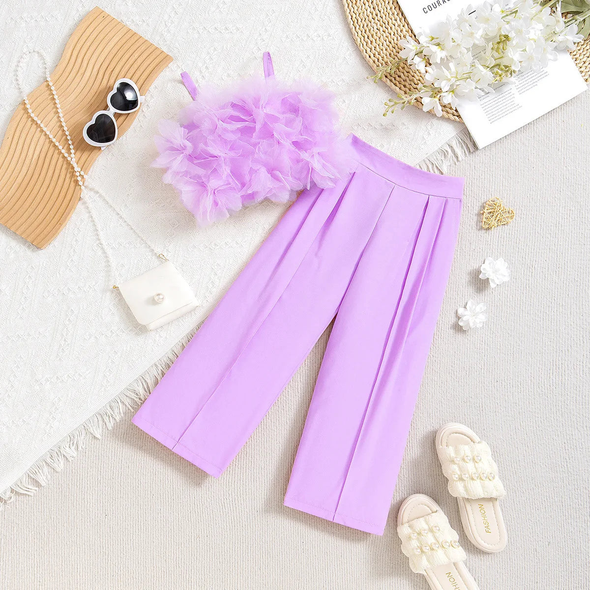 Prowow Children Clothing Summer Girl's Pink Outfit Sets Lace Mesh Flower Vest and Long Pants Kids Clothes Girl's Elegant Sets