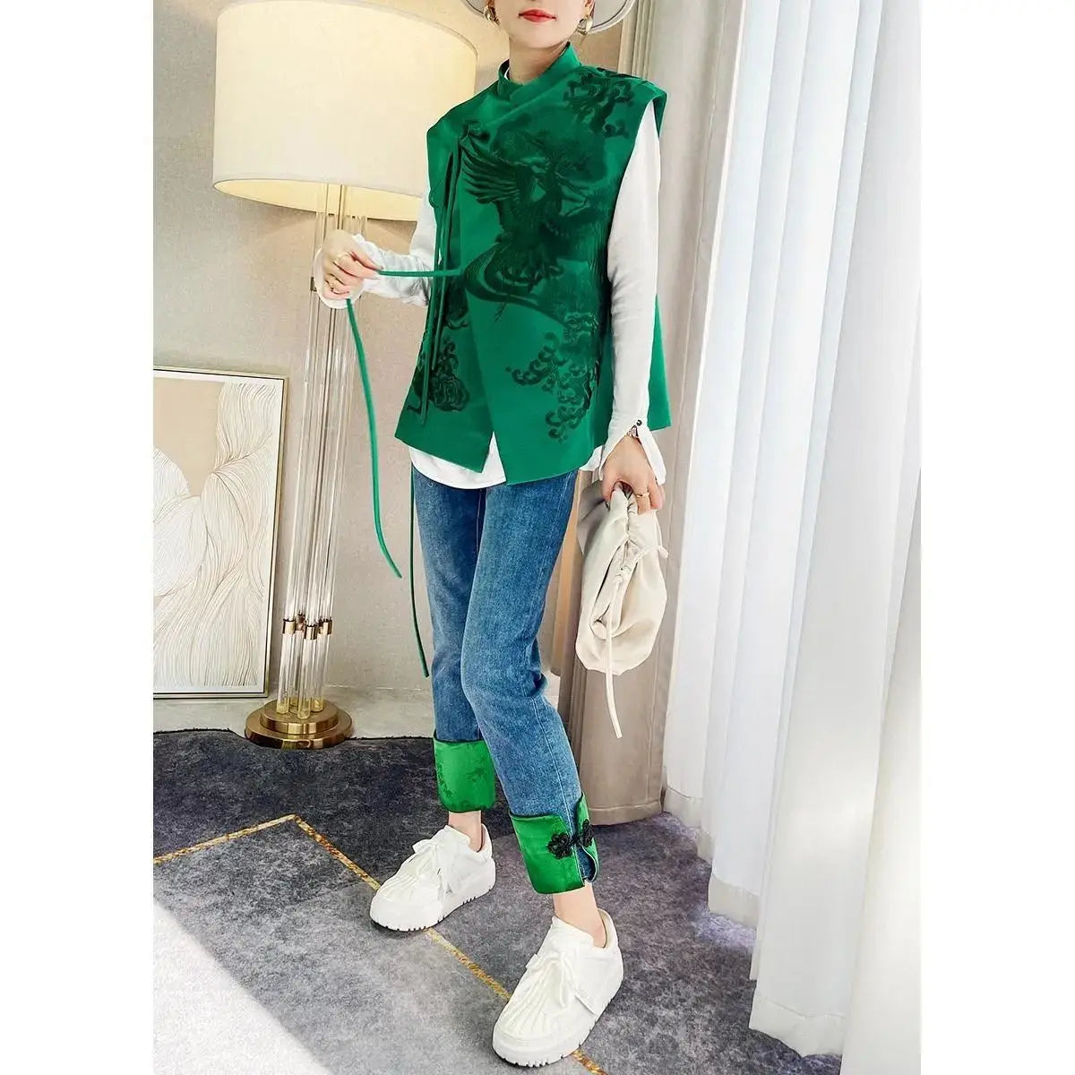 Outerwear Retro  Embroidery Lace Chinese Vest