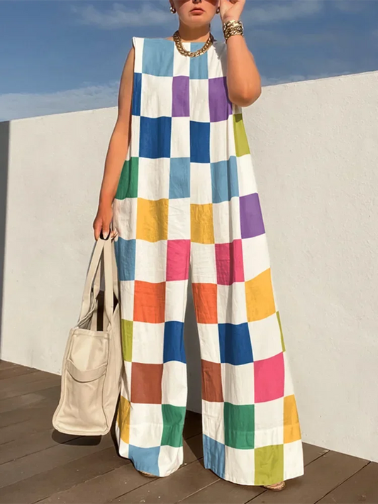 UOOZEE Women Multicolour Plaid Wide Leg Jumpsuits 2025 New Summer Sleeveless Oversize Loose Casual Jump Suits Streetwear