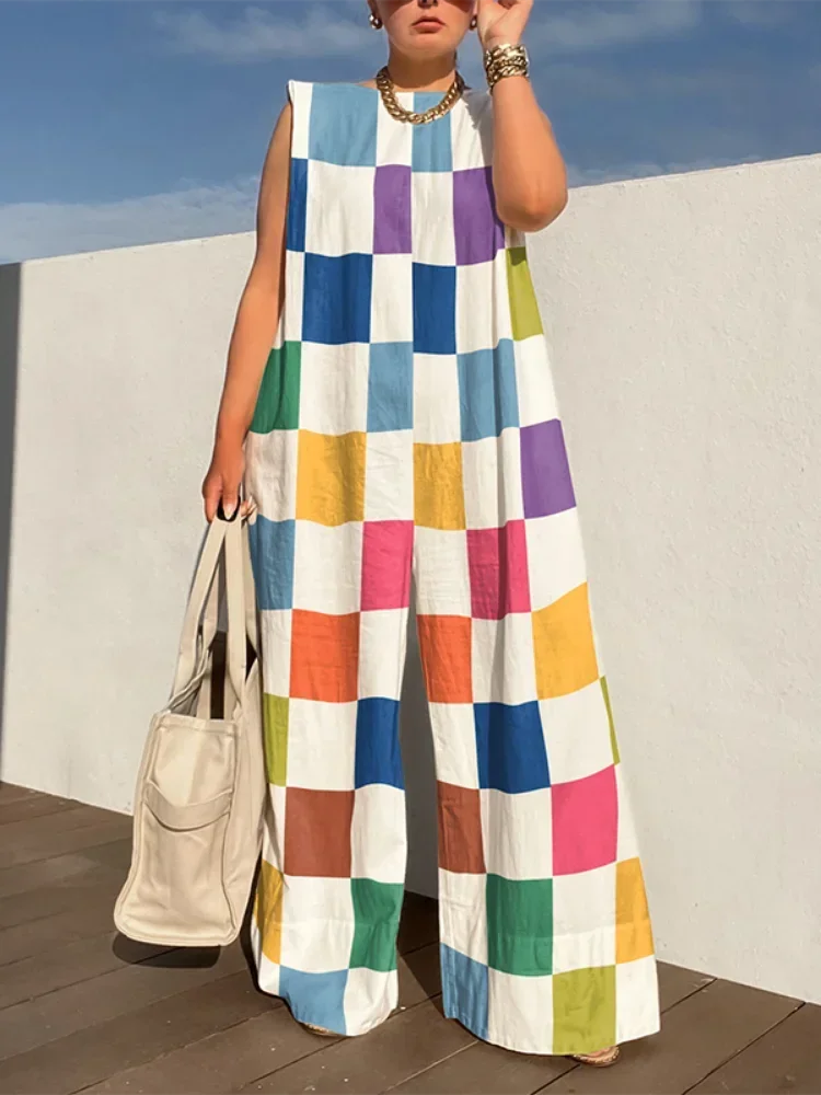 UOOZEE Women Multicolour Plaid Wide Leg Jumpsuits 2025 New Summer Sleeveless Oversize Loose Casual Jump Suits Streetwear
