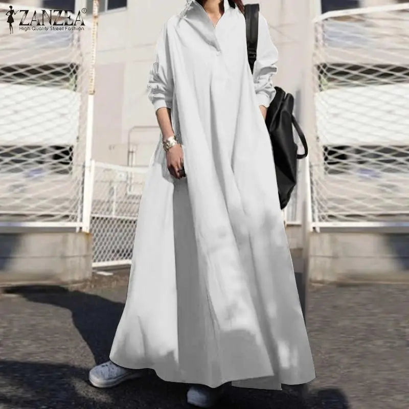 ZANZEA Women's Dress Autumn Long Sleeve Shirt Dress Loose Oversized Maxi Kaftan Woman Lapel Solid Half-Button A-line Sundress