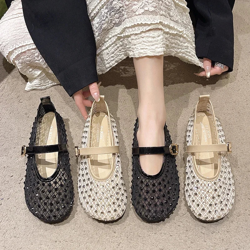 Women's Flat Shoes Grid Rhinestones Soft Sole Light Shoes for Women Daily Commute Dress Breathable in Summer Zapatillas De Mujer