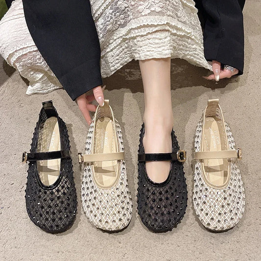 Women's Flat Shoes Grid Rhinestones Soft Sole Light Shoes for Women Daily Commute Dress Breathable in Summer Zapatillas De Mujer