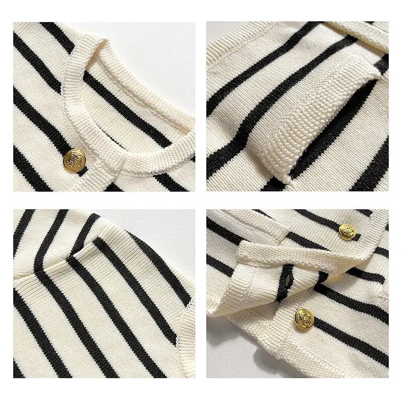 White Black Striped Short Knit Cardigan