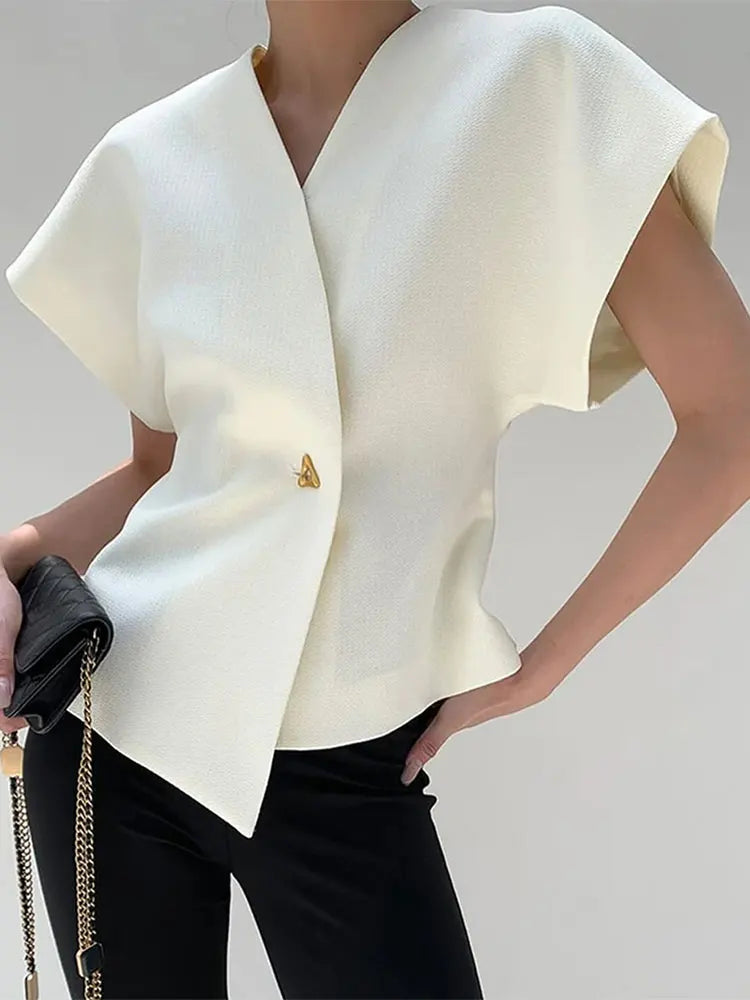 Solid Button Lapel Short Tops