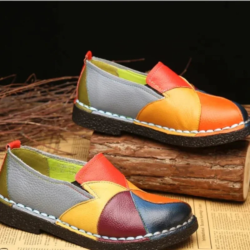 Mixed Color Women Loafers Retro