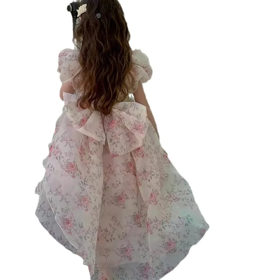 Ins Private Custom Children's Skirt 2025 Spring and Summer New Girls Princess Skirt Floral Bow Tail Dress Birthday Party Skirt
