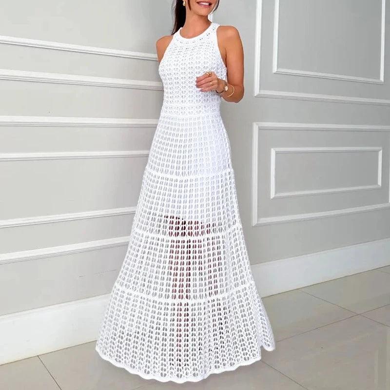 Casual 2025 Summer Solid Color Holiday Dresses Fashion O-neck Hollow Knitted Long Dress Sexy Sleeveless High Waist Beach Dress