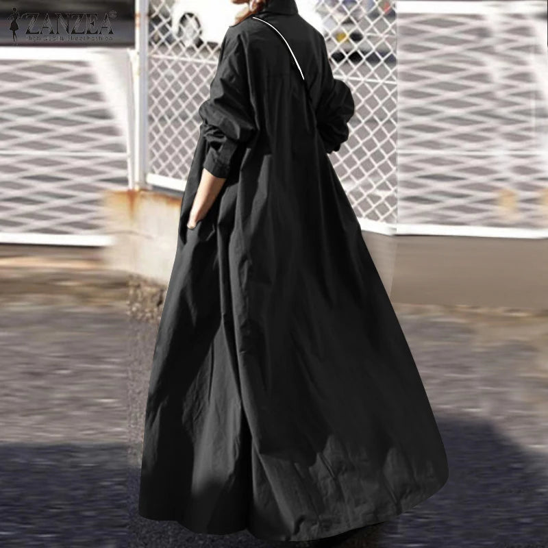ZANZEA Women's Dress Autumn Long Sleeve Shirt Dress Loose Oversized Maxi Kaftan Woman Lapel Solid Half-Button A-line Sundress