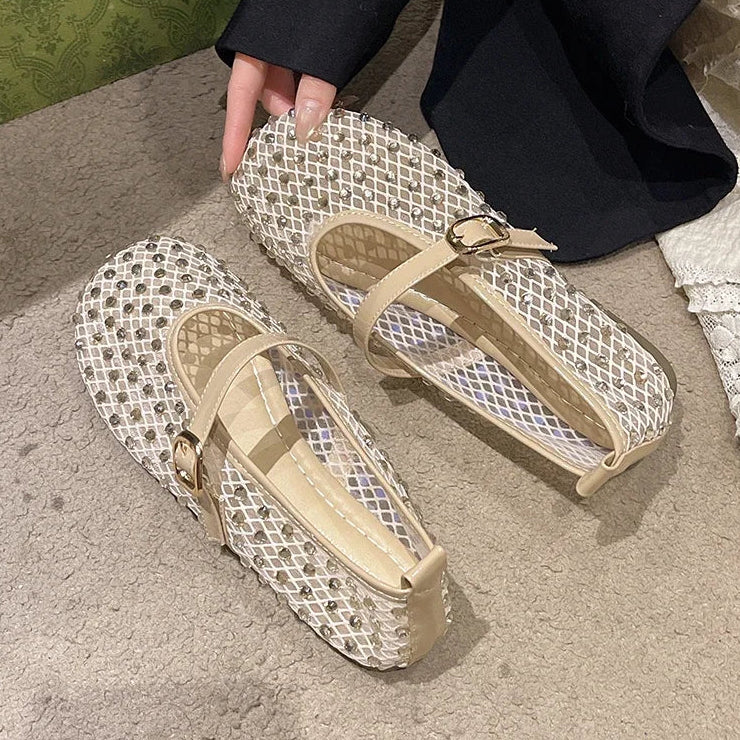 Women's Flat Shoes Grid Rhinestones Soft Sole Light Shoes for Women Daily Commute Dress Breathable in Summer Zapatillas De Mujer